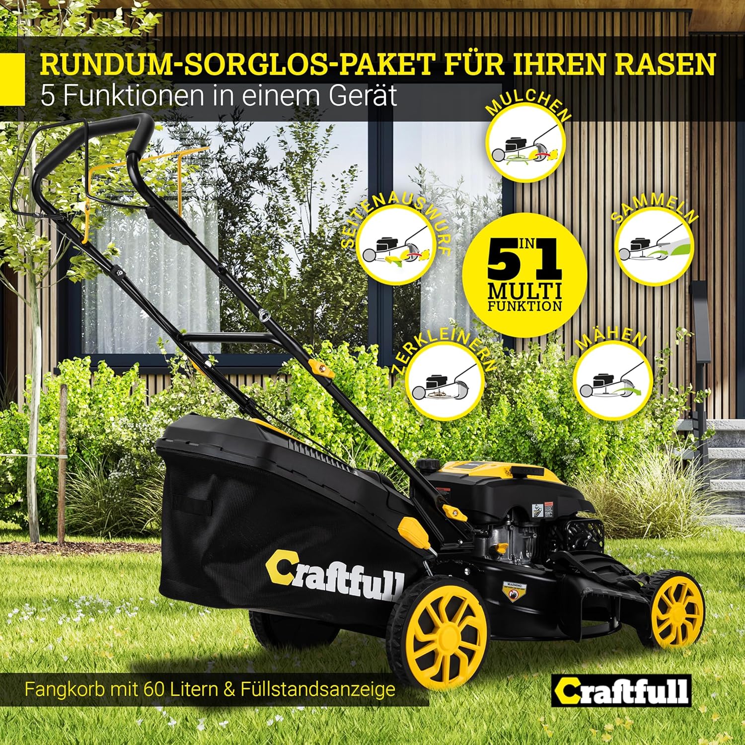 Craftfull Rasenmäher CR-196-30 | 4,4 KW 6 PS | 190 cm³ OHV Motor | Benzinrasenmäher - Mäher Benzin - Selbstfahrantrieb - 53 cm Schnittbreite in 7 Stufen (CR-196-30 4,4 KW 6 PS 190 cm³ Motor Gelb)