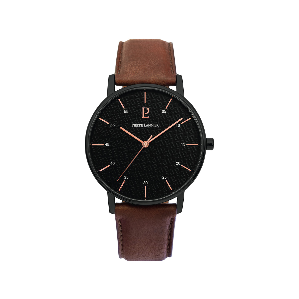 Montre Pierre Lannier homme acier noir cuir marron