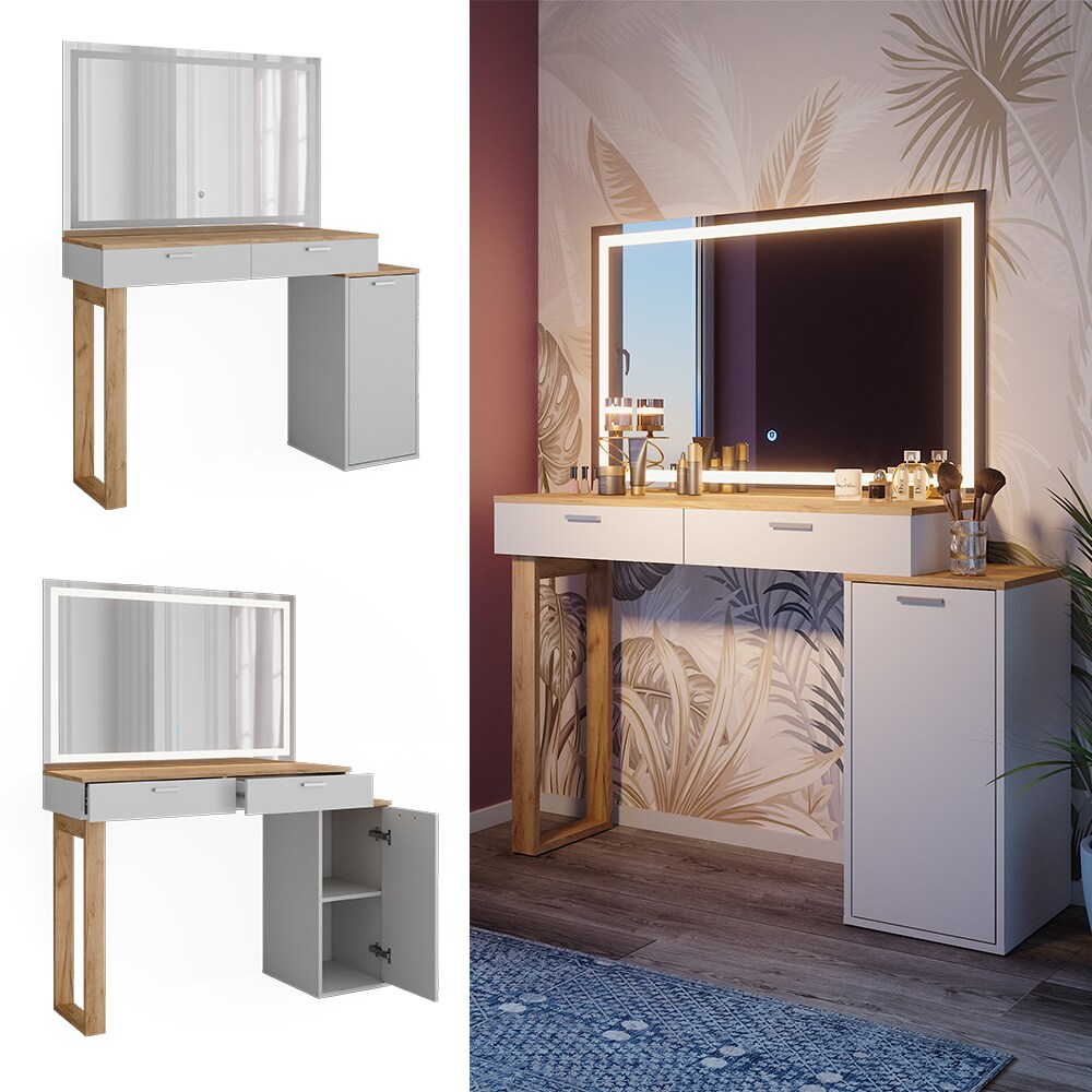 Vicco Schminktisch Regina Weiß Eiche 130 cm mit LED-Spiegel