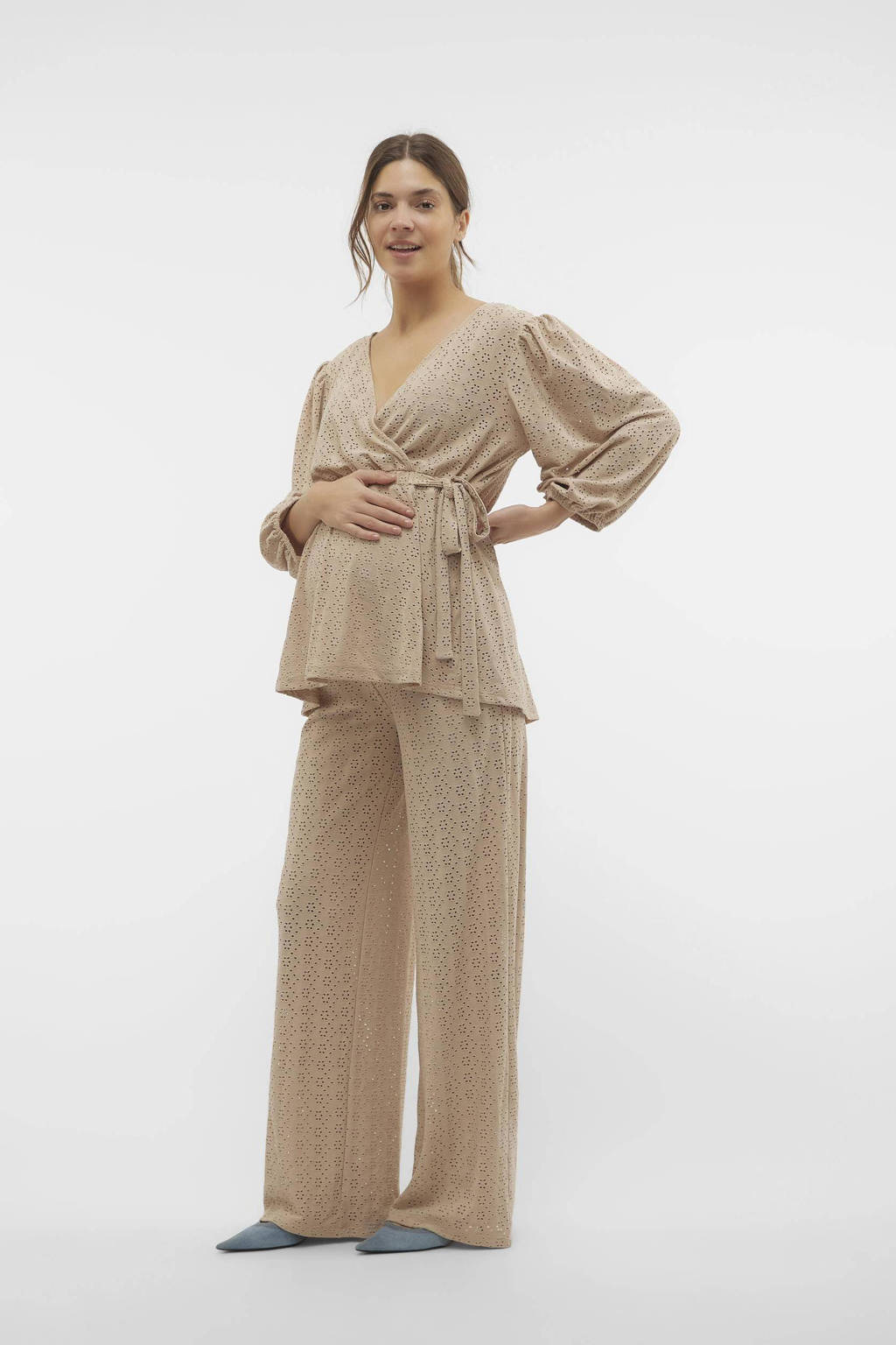 MAMALICIOUS loose fit broek met ingebreid patroon beige