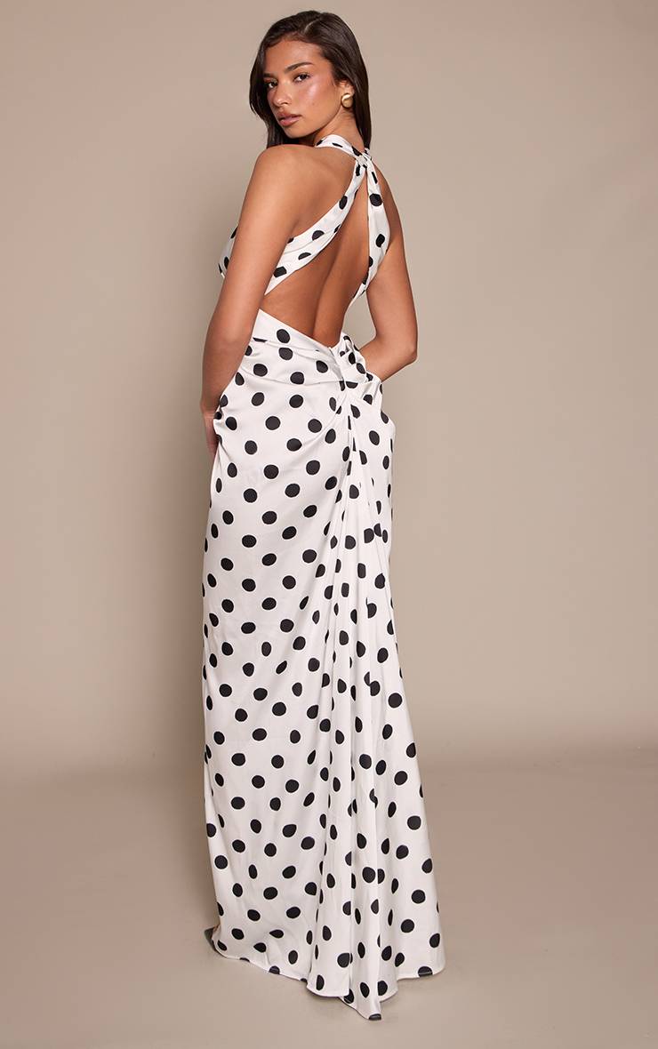 Black Polkadot Robe Longue Plongeante En Satin Avec Détails Froncés