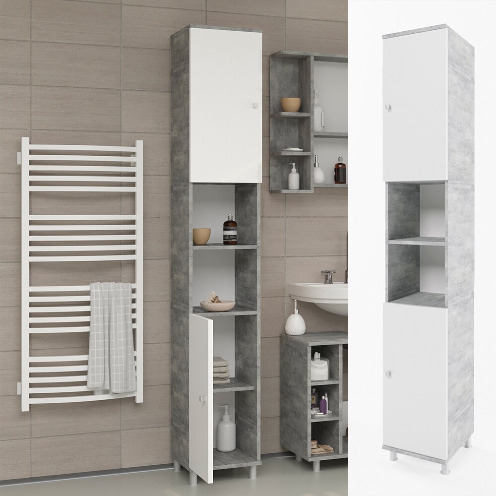 VICCO Badschrank FYNN Weiß / Grau Beton - Badezimmerschrank Hochschrank Badregal