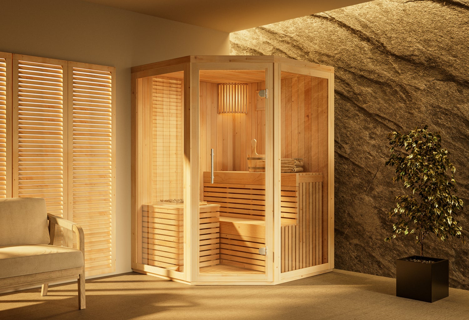 FinnTherm Ylva binnensauna, 1 houten bank, saunacabine met 68 mm wanddikte, stoomsauna met montagemateriaal, natuurlijke afwerking