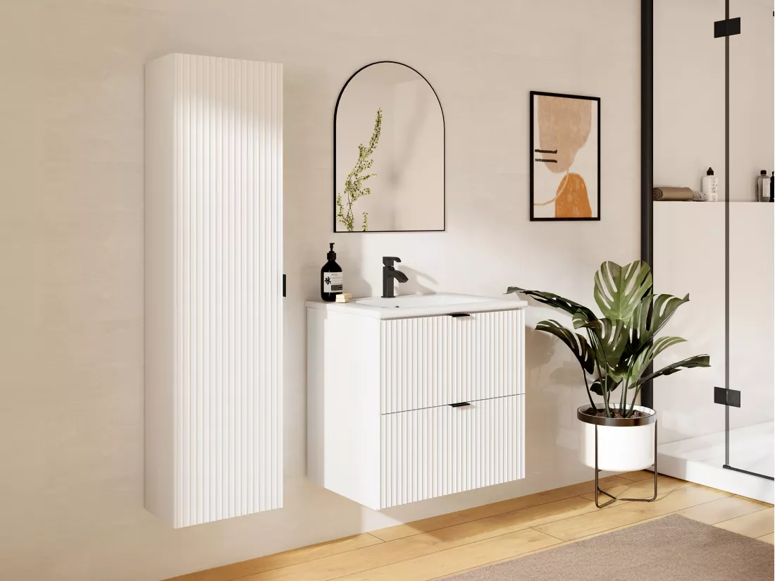 Meuble de salle de bain suspendu strié avec vasque à encastrer et colonne - Blanc mat - 60 cm - ZEVINI