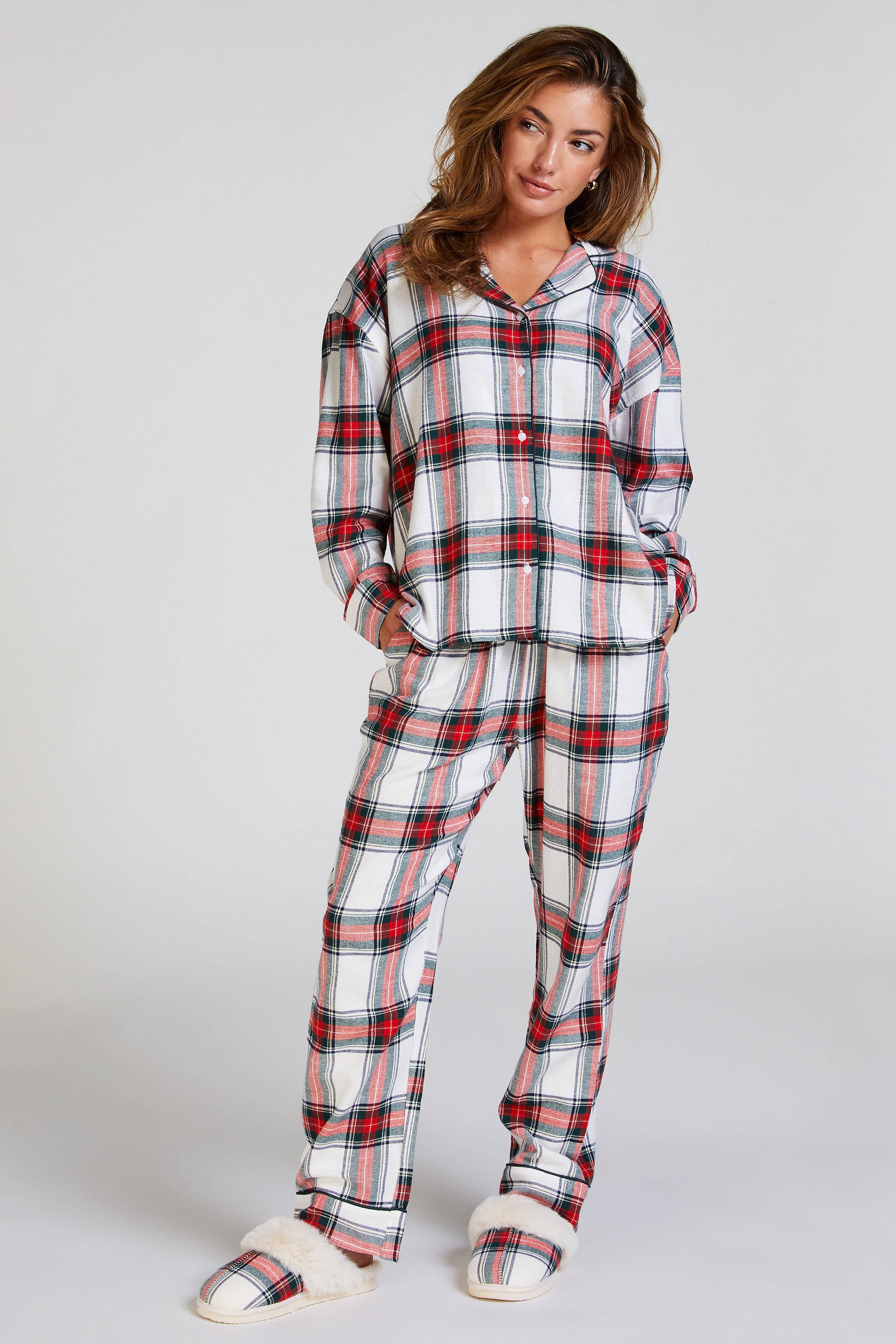 Hunkemöller flanellen pyjamatop wit/rood/grijs