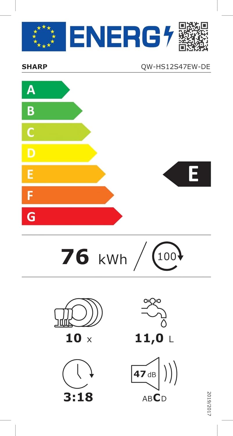 Sharp QW-HS12S47EW-DE Geschirrspüler Teilintegriert / 45 cm/E / 10 Maßgedecke / 3 Programme mit 50 min. Kurzprogramm/Weiß