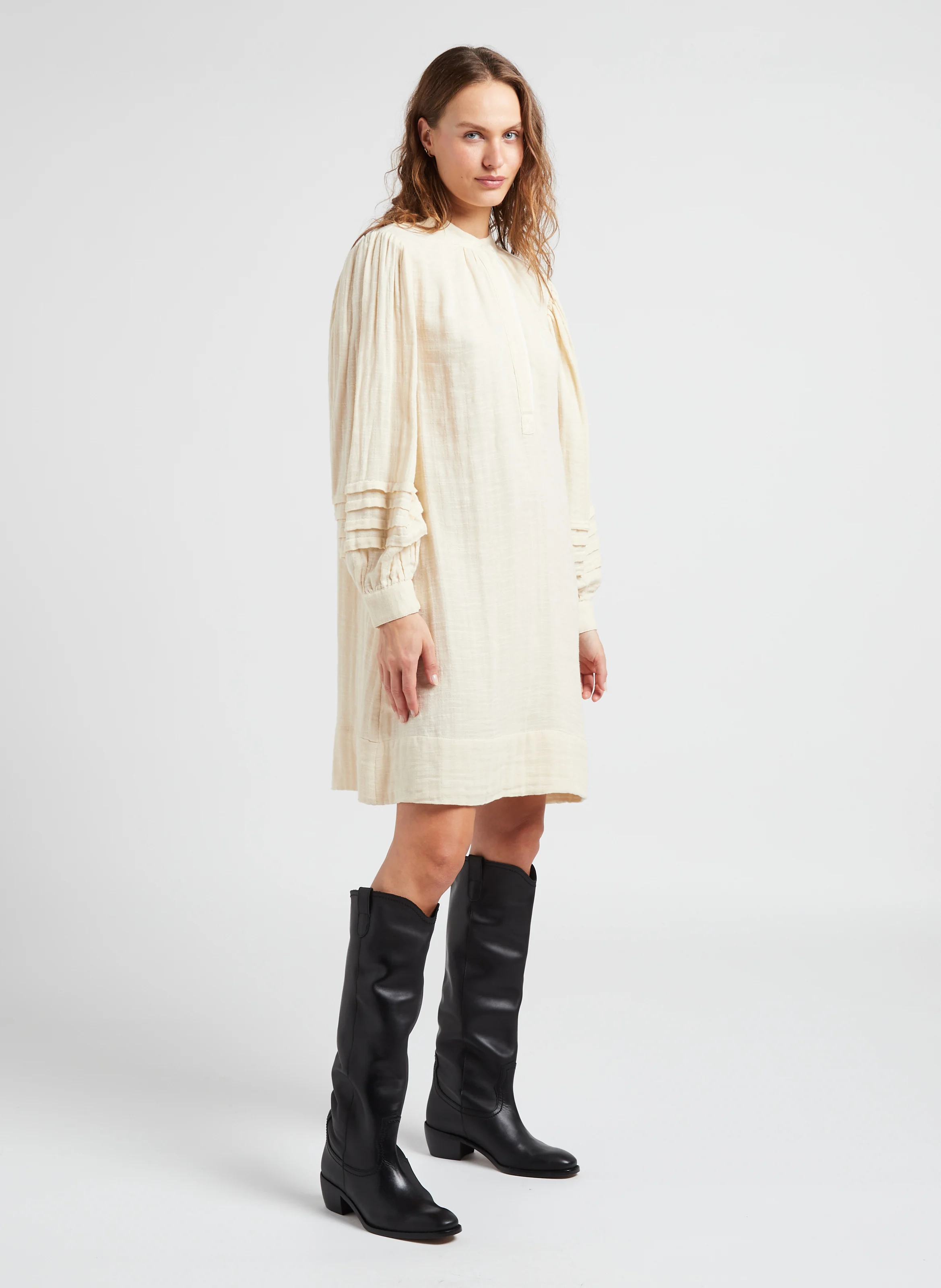 PREETI - Robe mi-longue col rond en coton| Beige