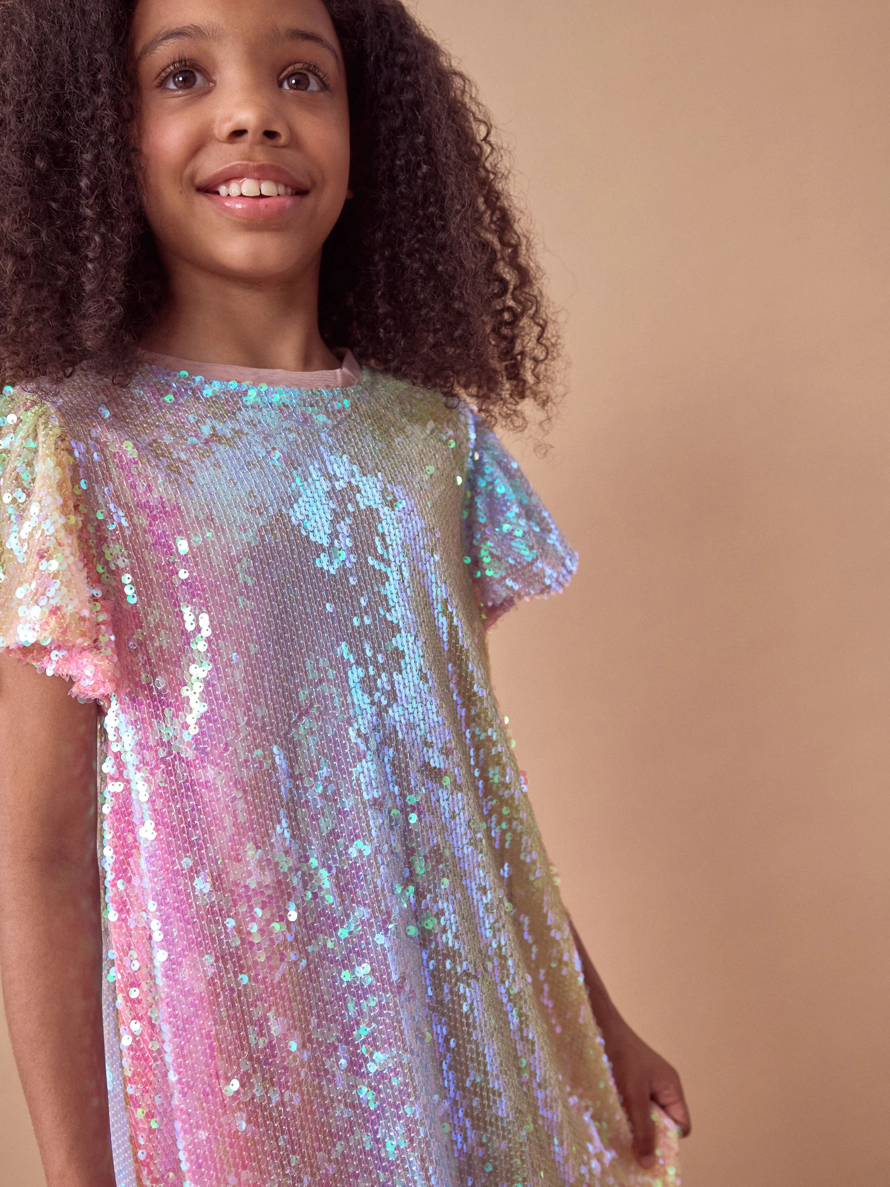 Roze/blauw/groene regenboog - Feestelijk jurkje met glimmende pailletten (3-16 jr)