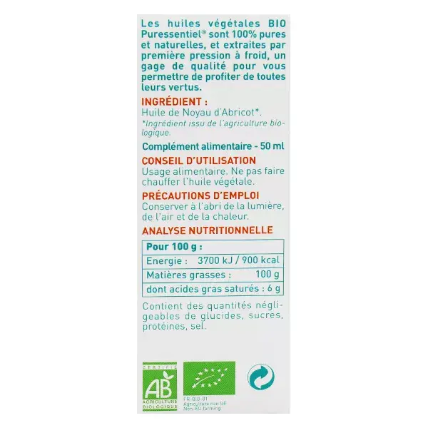 Óleo Vegetal de Semente de Damasco Orgânico Puressentiel 50ml