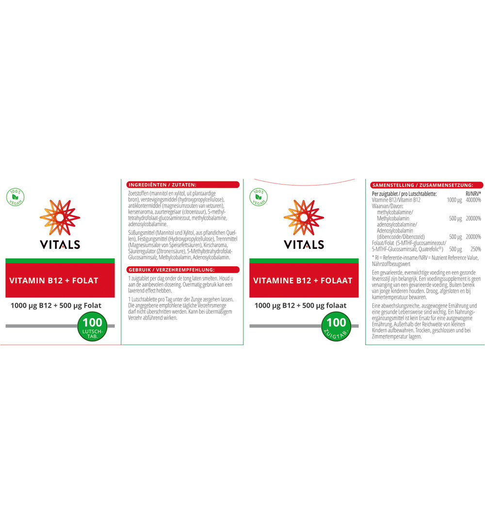 Vitals Vitamine B12 1000 mcg folaat 500 mcg (100 zuigtabletten)