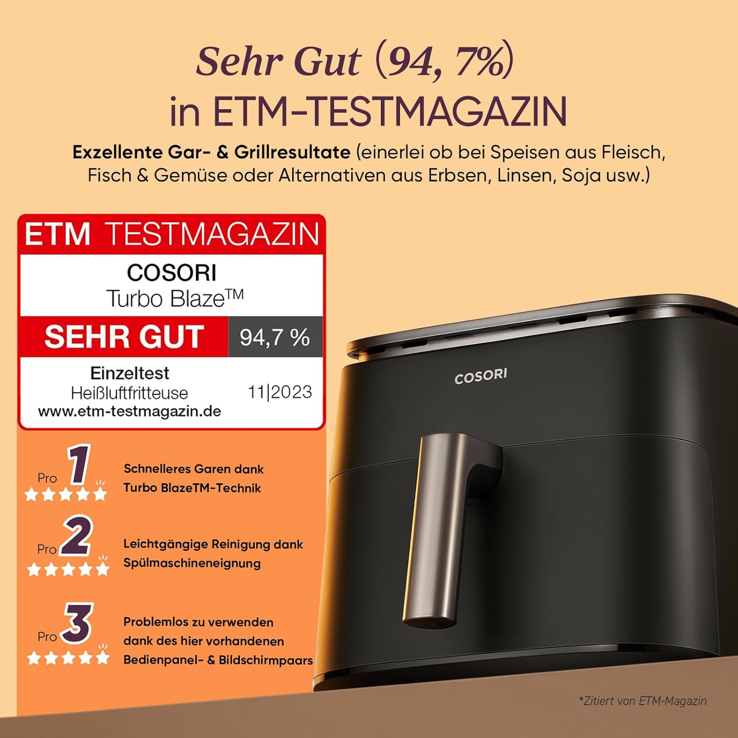Cosori Turboblaze Airfryer Heißluftfritteuse, 9-in-1 Air Fryer XXL 6L, leiser DC Motor mit 5 Geschwindigkeitsstufen, Grillen, Backen, Gären, Dehydrieren, Tiefkühlen, 87 Rezepte, 64% energiesparend