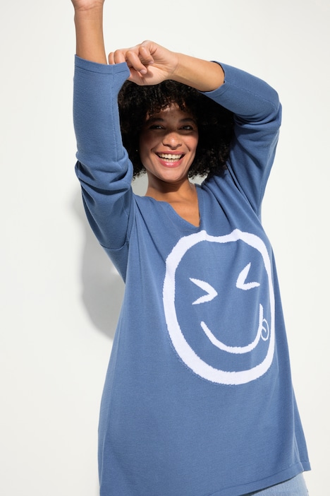 Pullover, oversized, Smiley, V-Ausschnitt, Langarm
