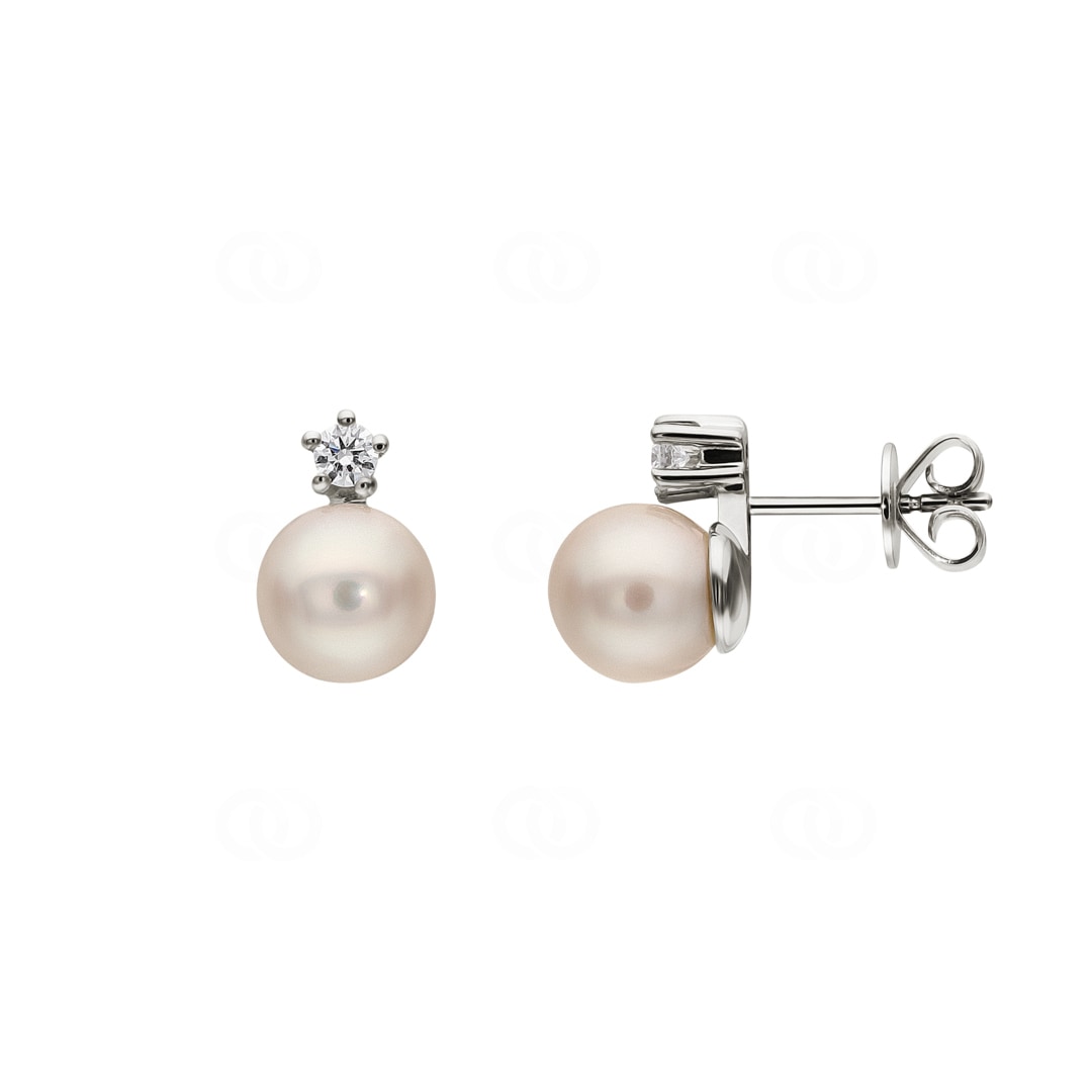 Ohrstecker 750/18 K Weissgold mit Akoya-Kulturperle & Diamanten 0.10ct W/Si