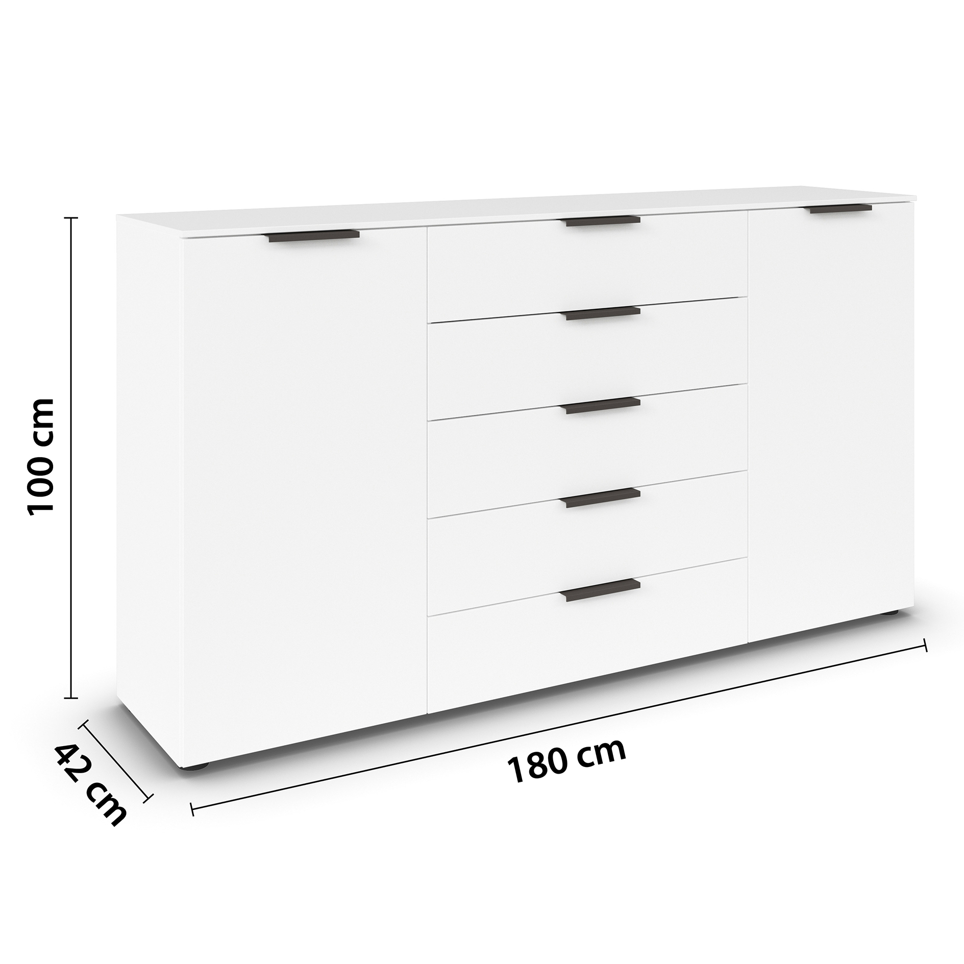 Kommode - alpinweiß - Graphitgriffe - 180 cm