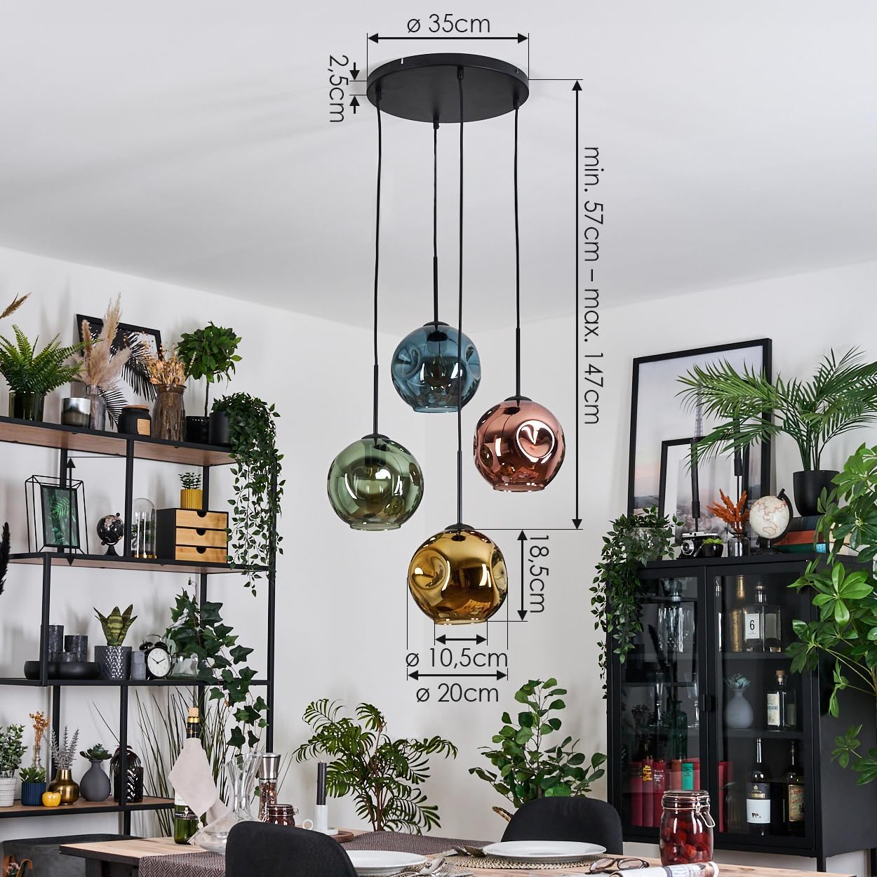 HOFSTEIN Hängeleuchte Ripoll, 4-flammige Hängelampe aus Metall/Glas in Schwarz/Blau/Grün/Gold/Kupfer, moderne Pendelleuchte im Retro/Vintage-Design (Schirme Ø 20 cm), E27, Esszimmer, Wohnzimmer, Küche