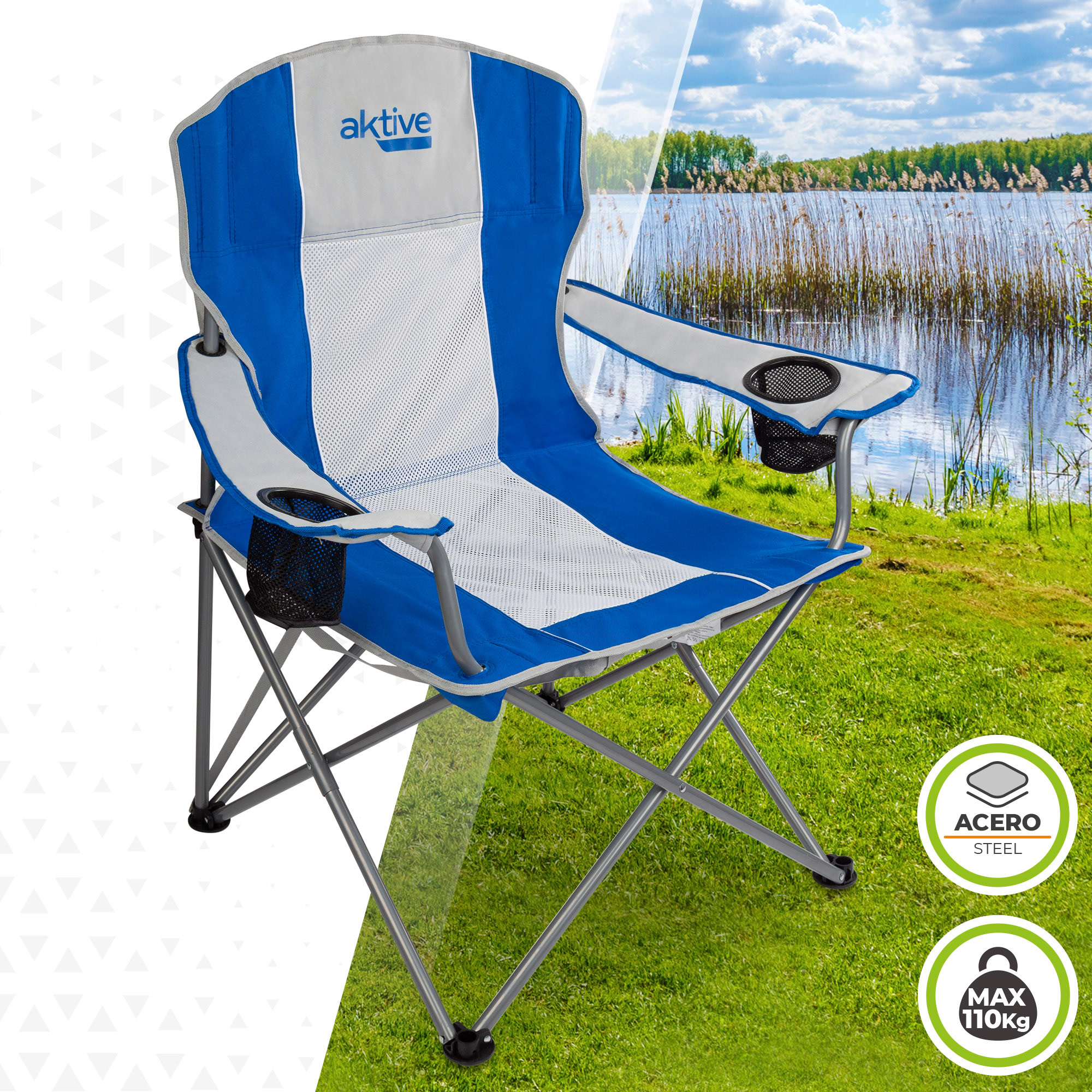 Cadeira de camping dobrável Aktive XL com alça e porta-copos