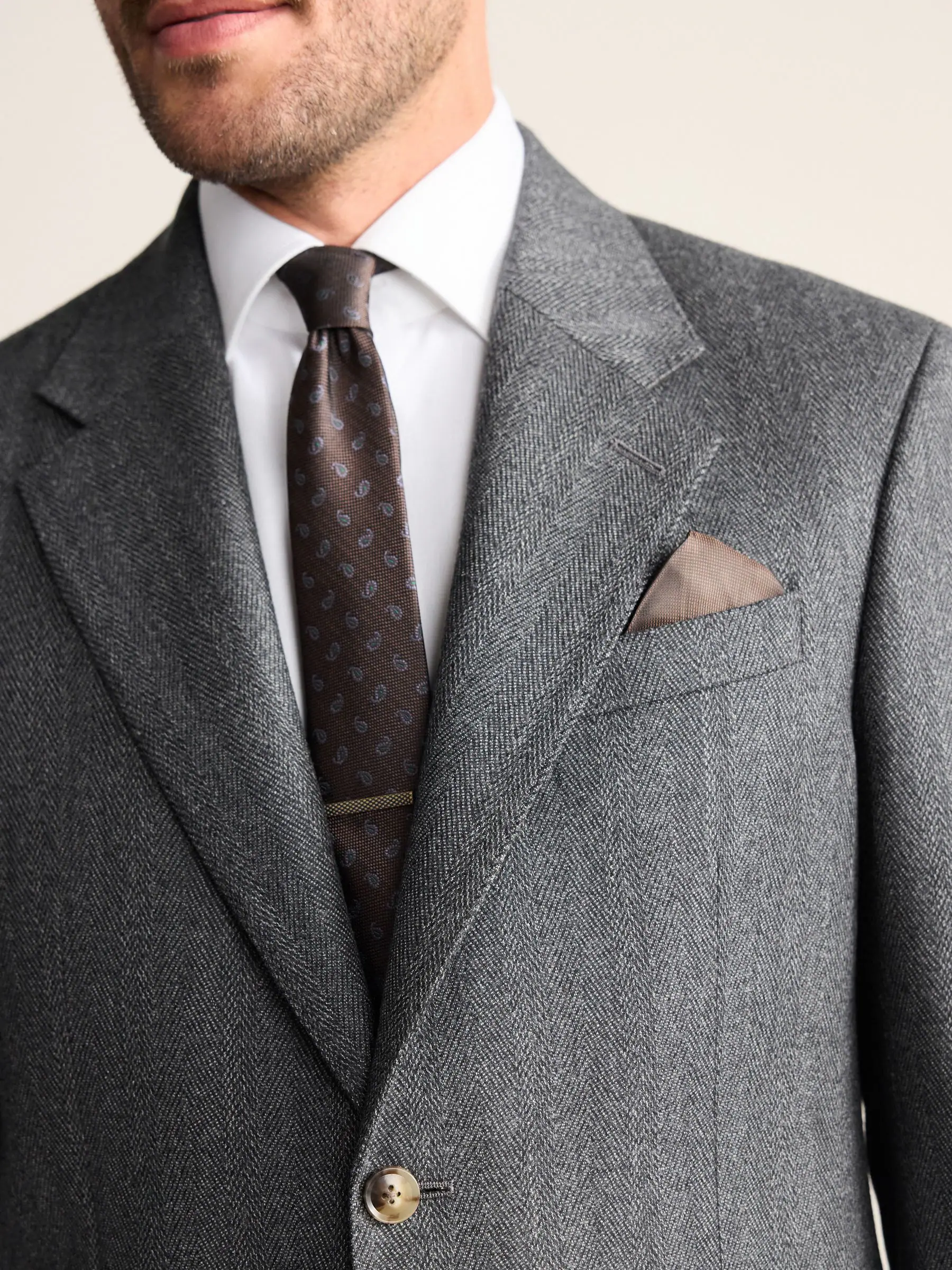 Antraciet - Regular Fit Signature Marzotto 100% Italian Wool Herringbone Suit Jacket