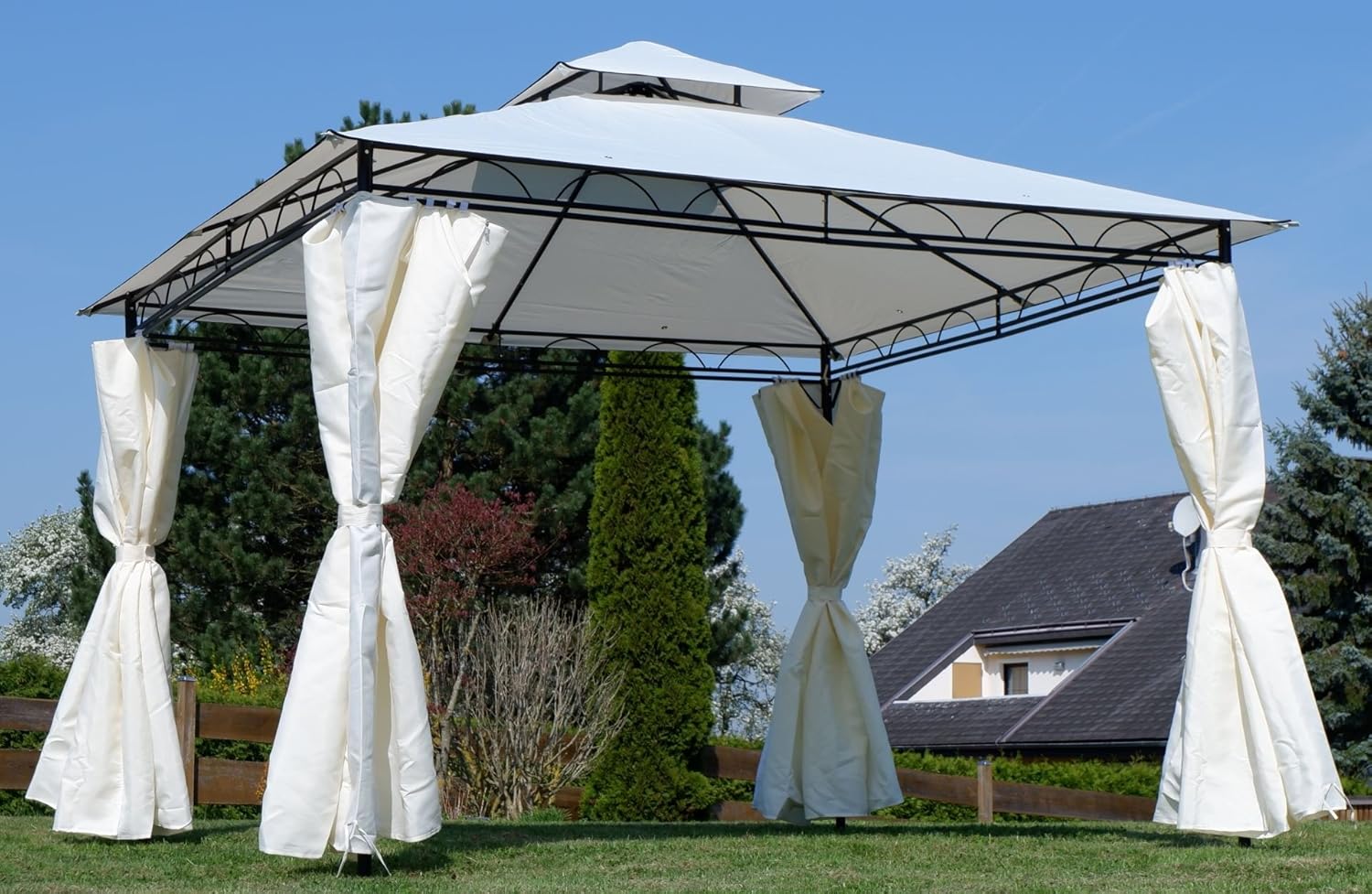 ALEOS. AS-S Garten Pavillon Gartenpavillon 3x3 Meter, Dach 100% WASSERDICHT UV30+ 9m² mit 4 Vorhängen quadratisch