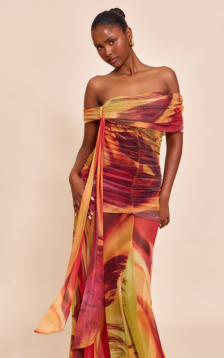 Orange Brûlé Robe Longue Bardot En Mesh Doublée