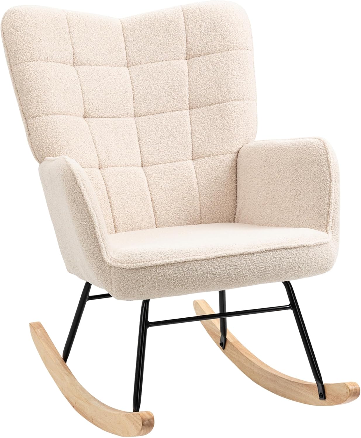 HOMCOM Schaukelstuhl, Schaukelsessel mit Berbervliesoptik, Armlehne, Gepolsterter Sessel mit Holzkufen, Relaxsessel für Wohnzimmer, Schlafzimmer, bis 120kg belastbar, Beige