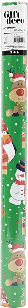 Gavepapir - Julemand - Juletræ - Julegave - Rensdyr - Snemand Og Pingvin - Grøn - B 50 CM - 80 G - 5 M