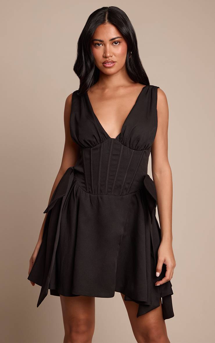 Noir Robe Droite Tissée À Détail Nœud