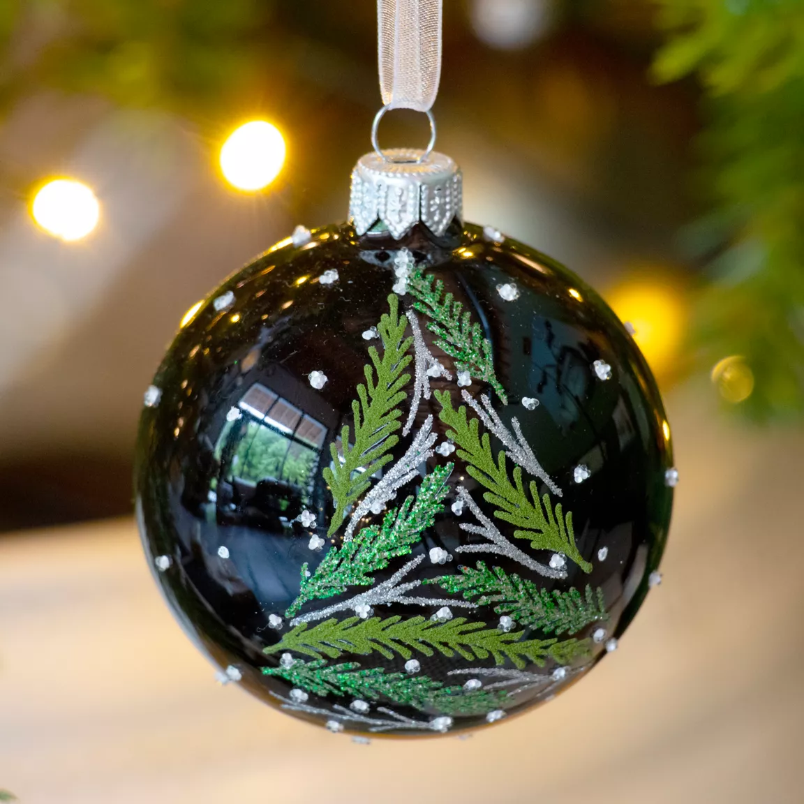 Lot de 6 boules de Noël en verre (D80 mm) Branches de sapin Noir