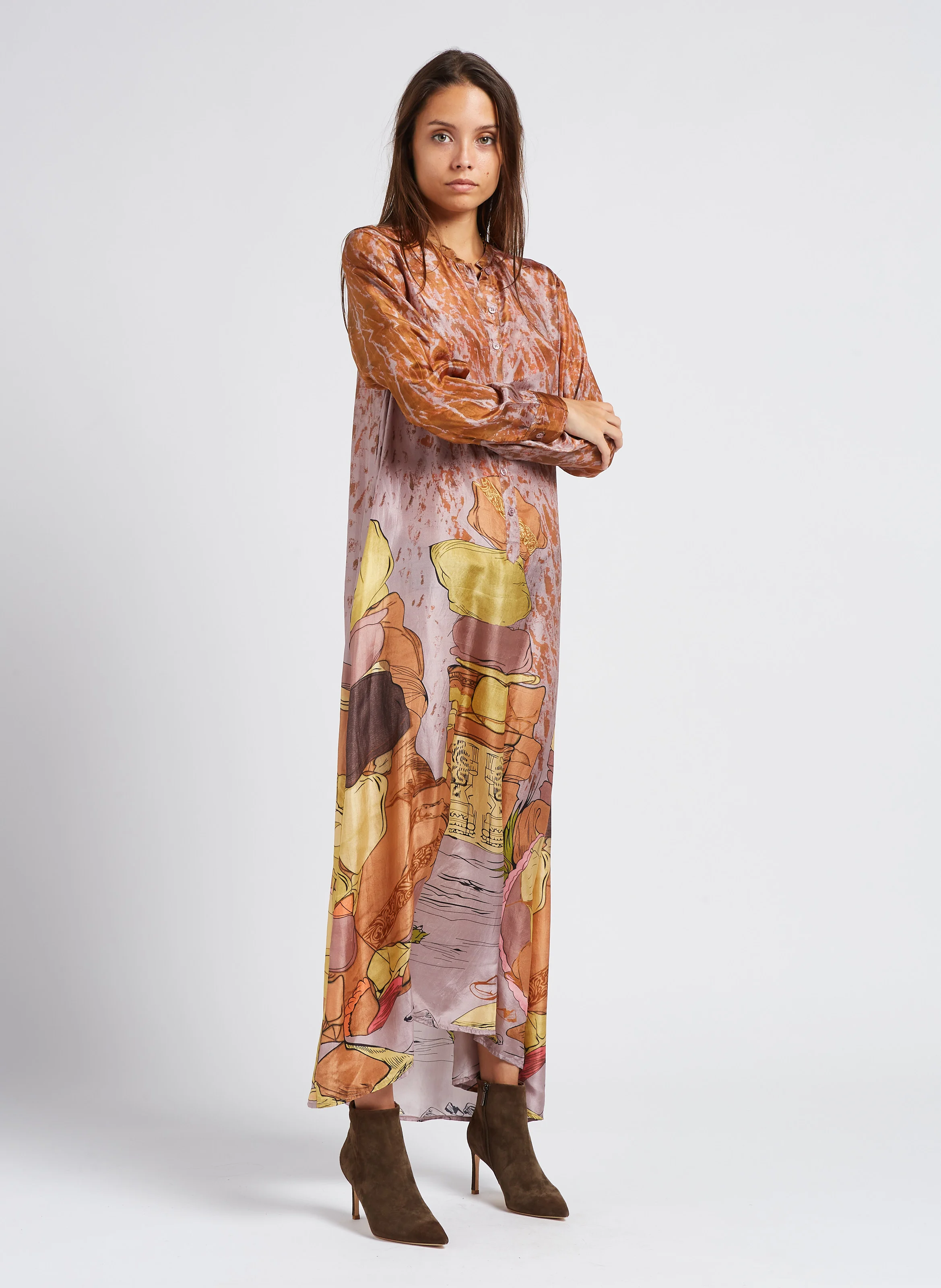 SHUNGITE - Robe chemise longue en soie imprimée | Rose