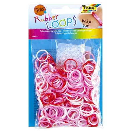 Folia 331592 Rubber Loops Mix, 500 Gummibänder, inklusive 25 Stück Clips und 1 Häkelnadel, rot