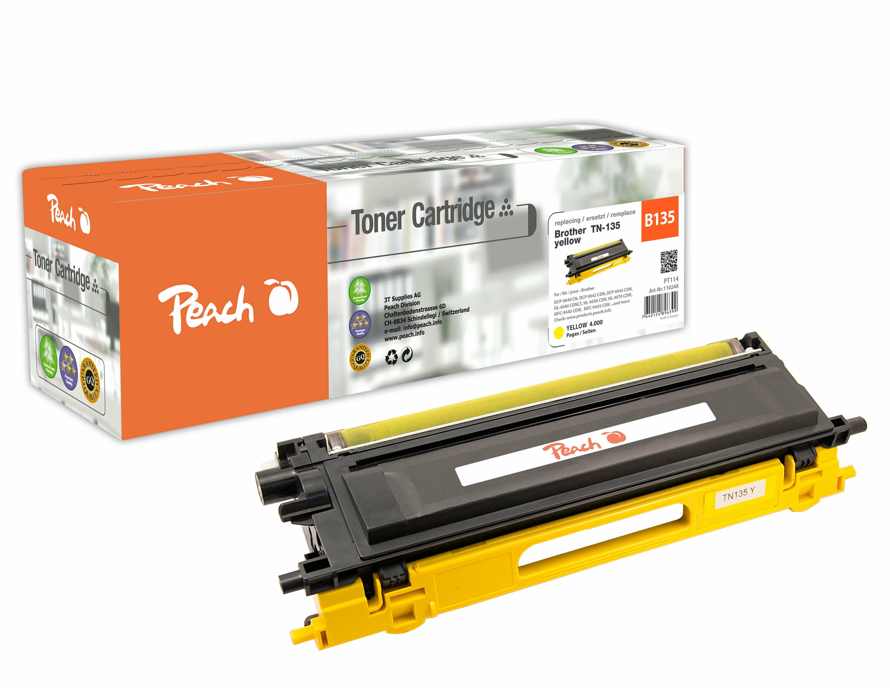 Peach B135 Y Toner XL ye ersetzt Brother TN-135Y für z.B. Brother DCP -9040 CN, Brother DCP -9042 CDN, Brother DCP -9042 CN, Brother DCP -9045 CN (wiederaufbereitet)