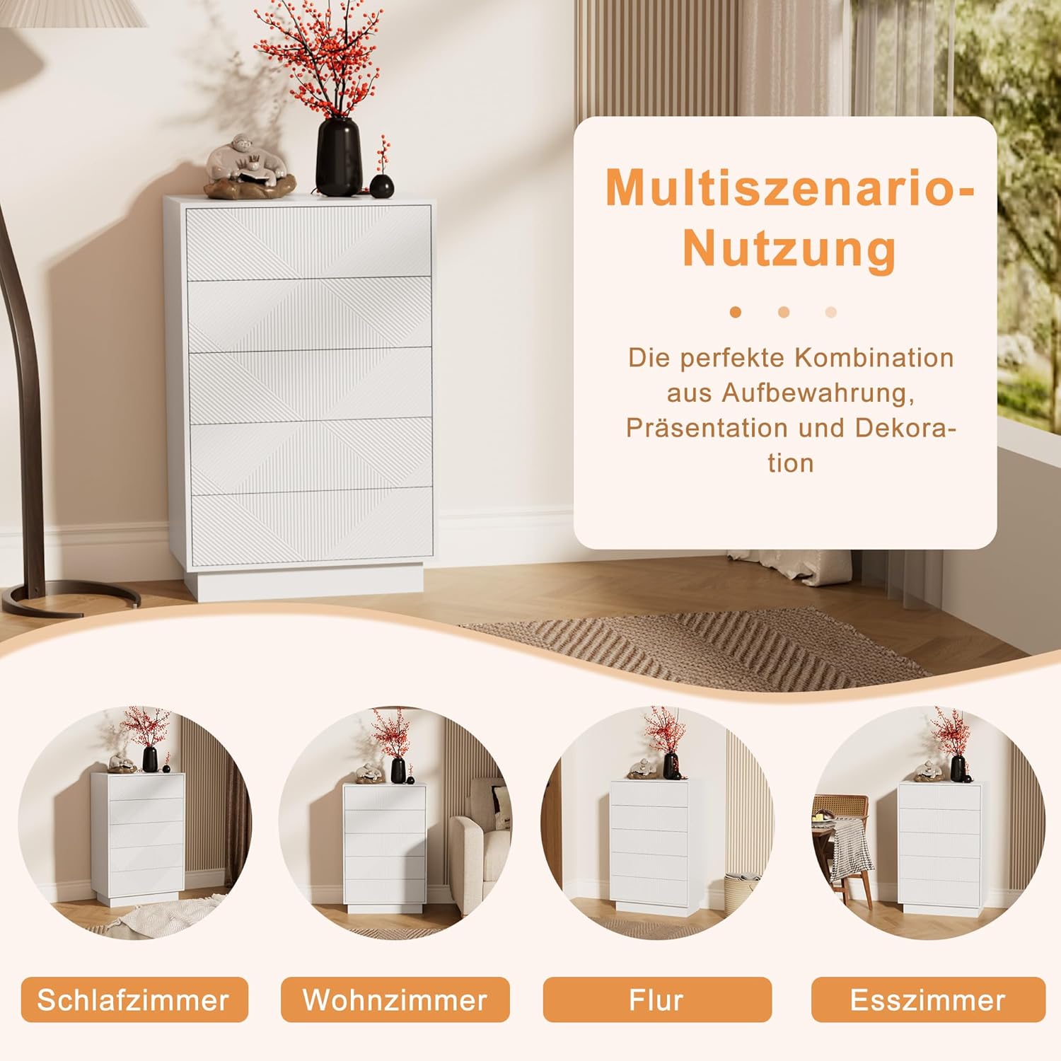 UEV Kommode mit 5 Schubladen,Drucktüröffner Push to Open schmal, Aufbewahrungskommode, Highboard, Sideboard mit Schubladen, Mehrzweckschrank für Wohnzimmer Schlafzimmer Flur Büro 60x33,5x94cm Weiß