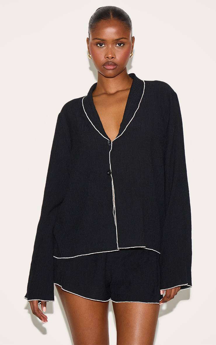 Noir Chemise Oversize Texturée Aspect Lin Avec Finitions Contrastées