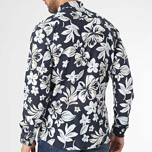 Chemise Manches Longues Summer Linen Print Bleu Marine Blanc Floral