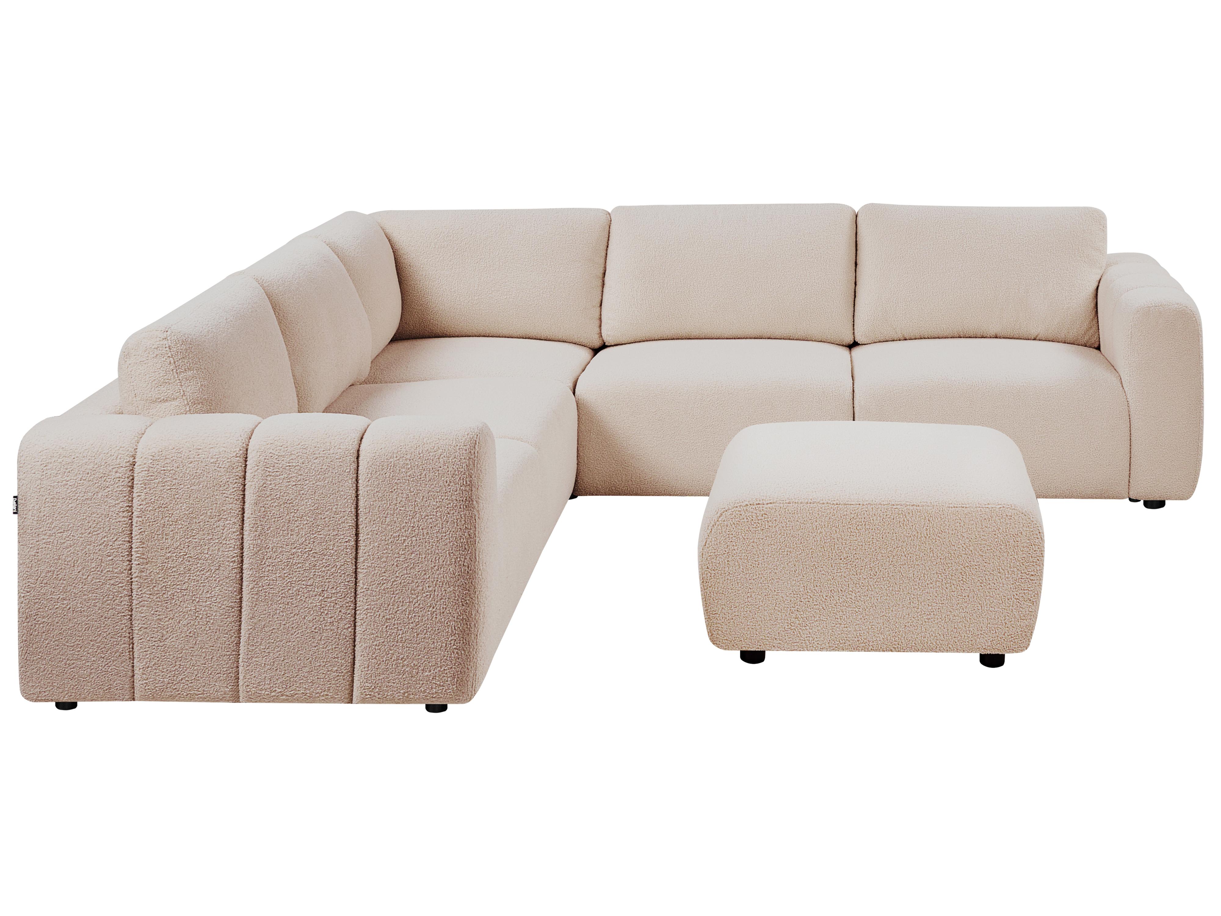 Modulaire hoekbank 5-zits KIVVIK Bouclé Beige met ottomaan rechtszijdig