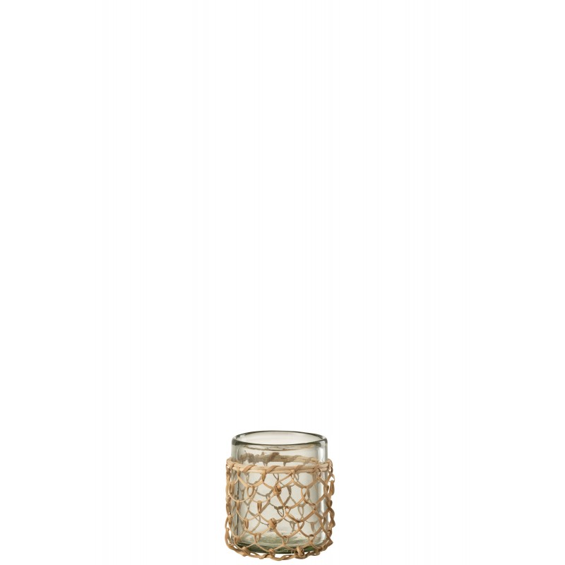 Photophore avec filet rotin en verre transparent 9x9x10 cm