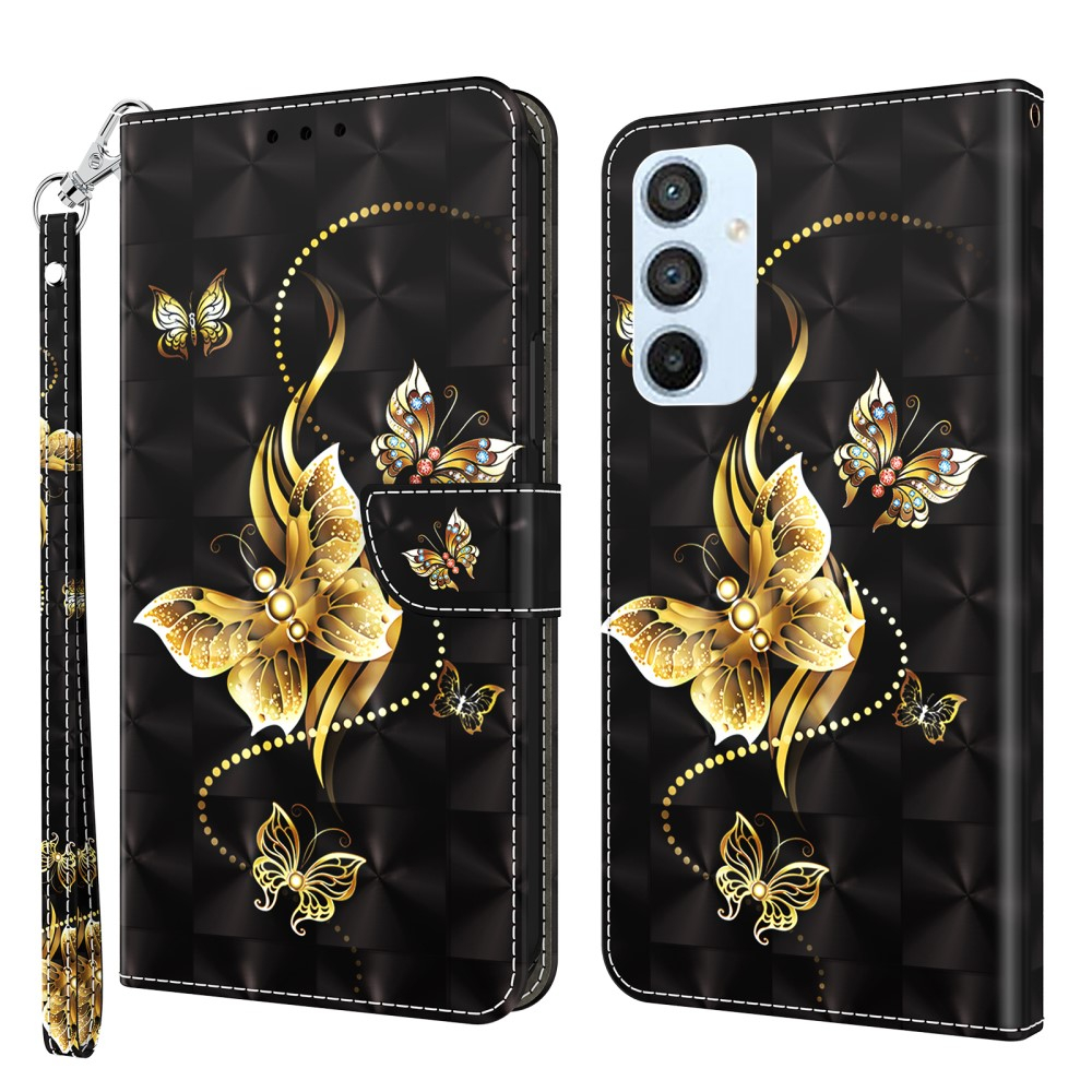 Samsung Galaxy A54 5G Leder Tasche mit Kartenfach   Handschlaufe - Goldene Schmetterlinge