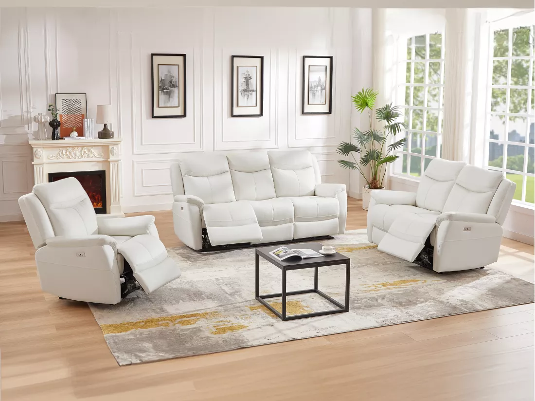 Canapé 3 places et fauteuil relax électrique en cuir de vachette blanc NOMAJO