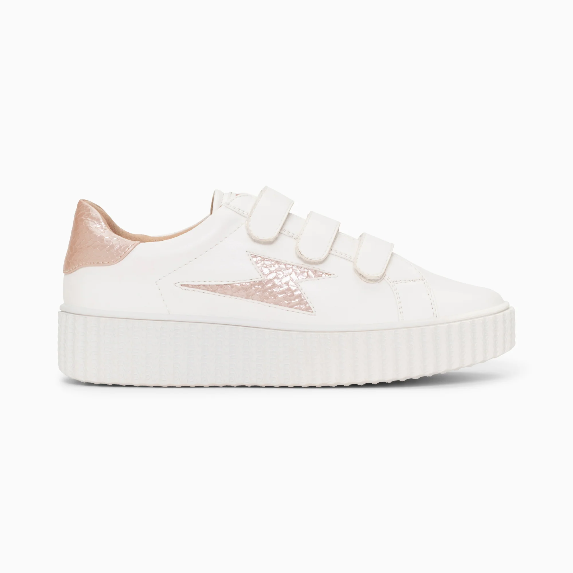 Sneakers-Baskets éclair Eva blanc et rose gold serpent à scratchs