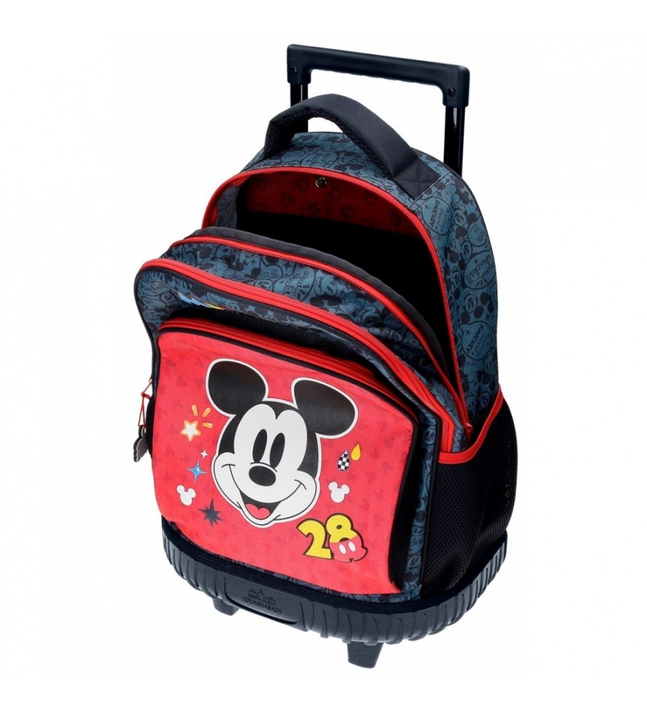 Mochila Joumma Bags Mickey Get Moving com duas rodas e dois compartimentos, vermelha e azul - 32x45x21cm -