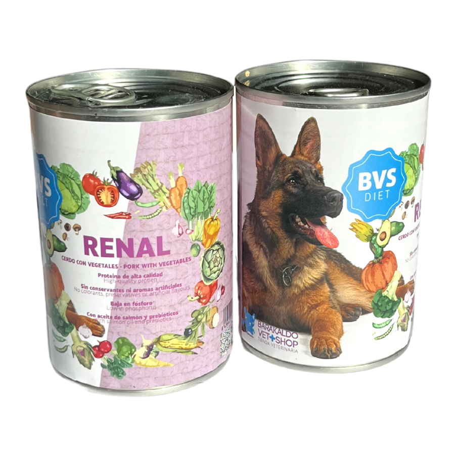 Ração úmida para cães com problemas renais, sabor porco com vegetais, da marca Barakaldo Vet Shop.
