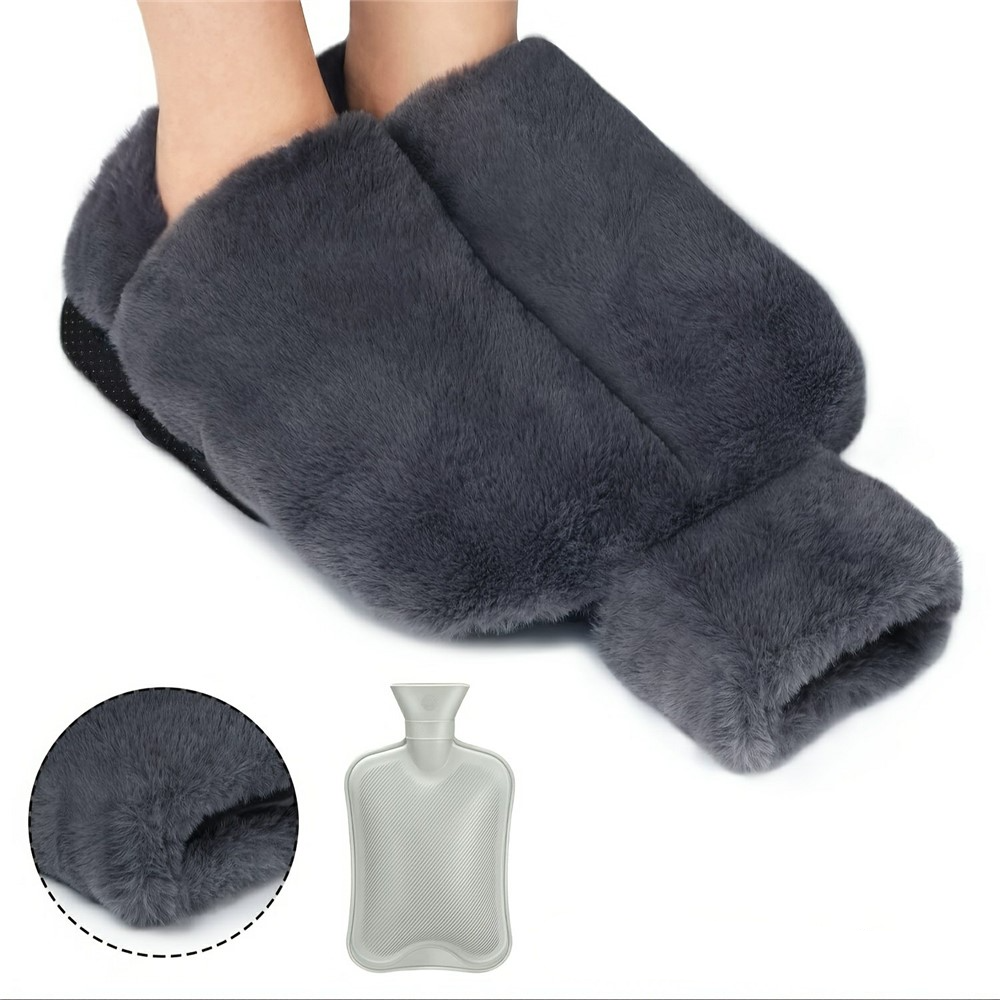 (2000ml) 2in1 Fuss Wärmflasche Flauschige Plüsch Bettflasche Wärmeschuh Fusswärmer - Grau