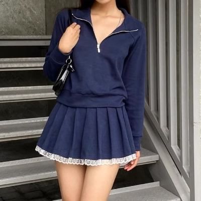 500 STUDIO - Effen pullover met halve rits / mini-plooirok