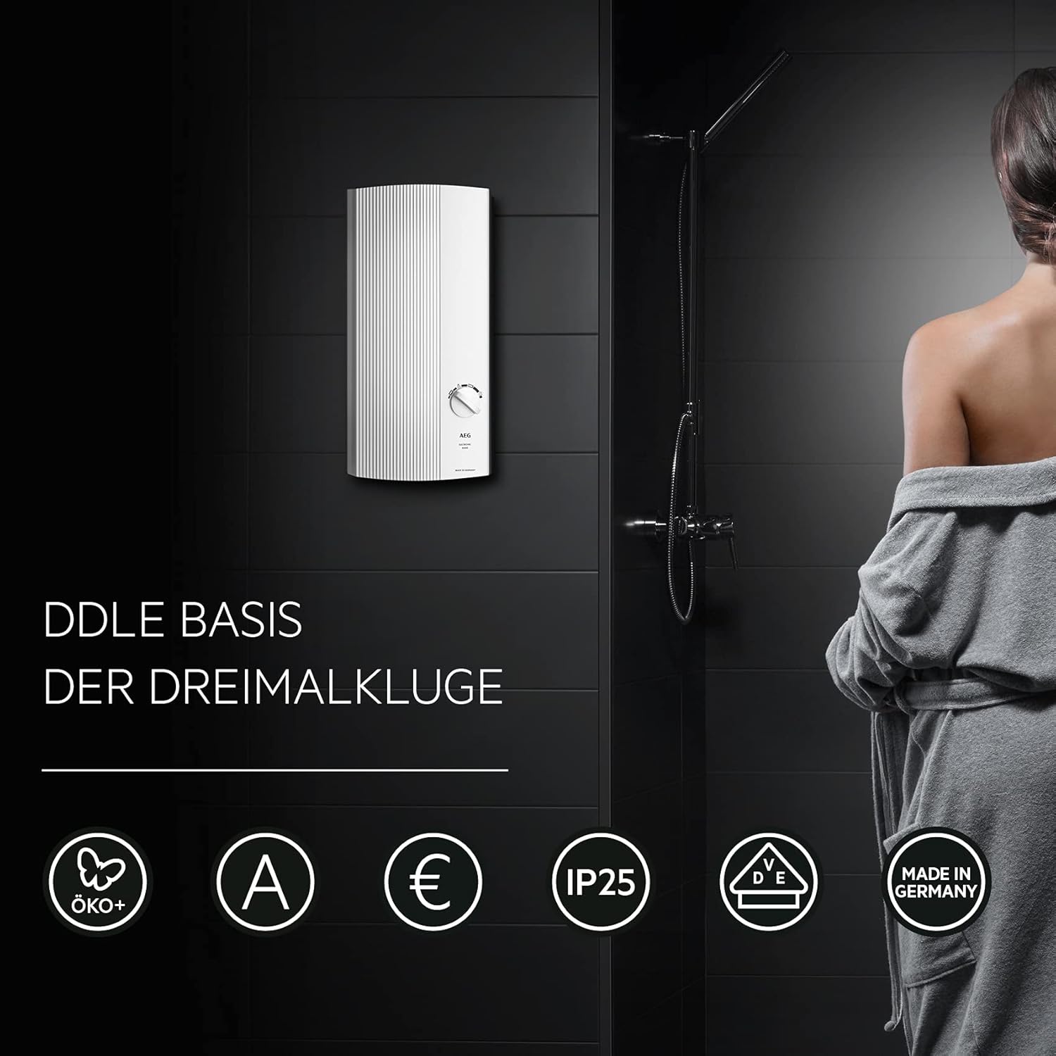 AEG elektronischer Durchlauferhitzer DDLE Basis 18/21/24 kW, umschaltbar, stufenlose Temperaturwahl durch 4 Anwendungssymbole, Festanschluss 400V, VDE geprüft, 222390