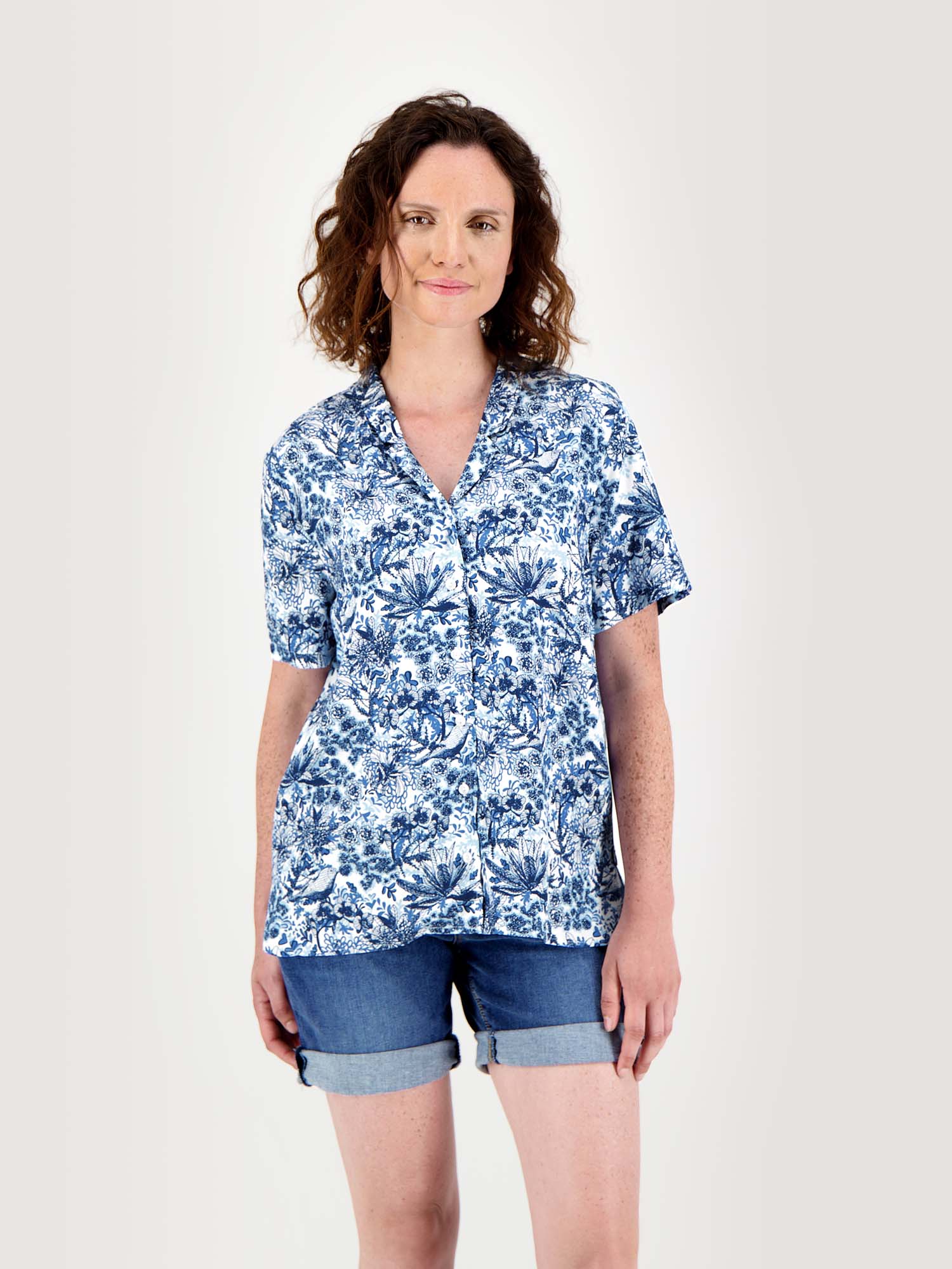 Chemise Femme Manches Courtes Floral Bleu