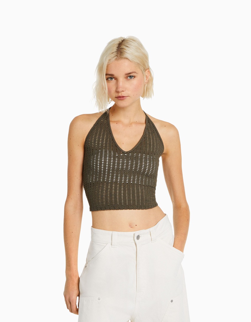 Top de crochê estilo halter