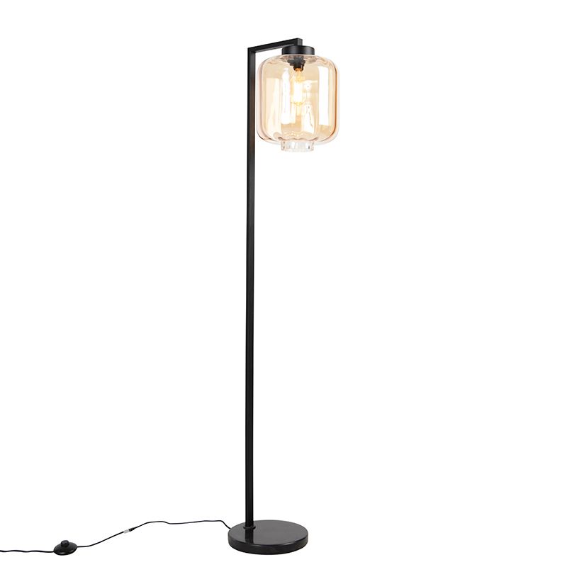 Design vloerlamp zwart met amber glas - Qara Down