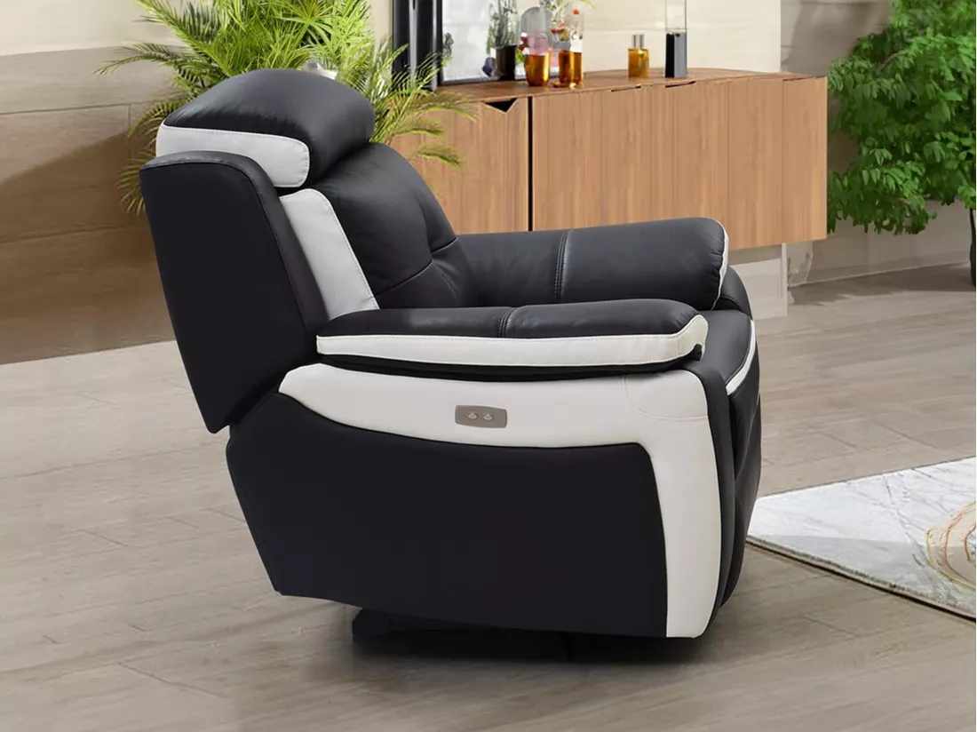 Fauteuil relax électrique en cuir ANGELIQUE - Noir/blanc