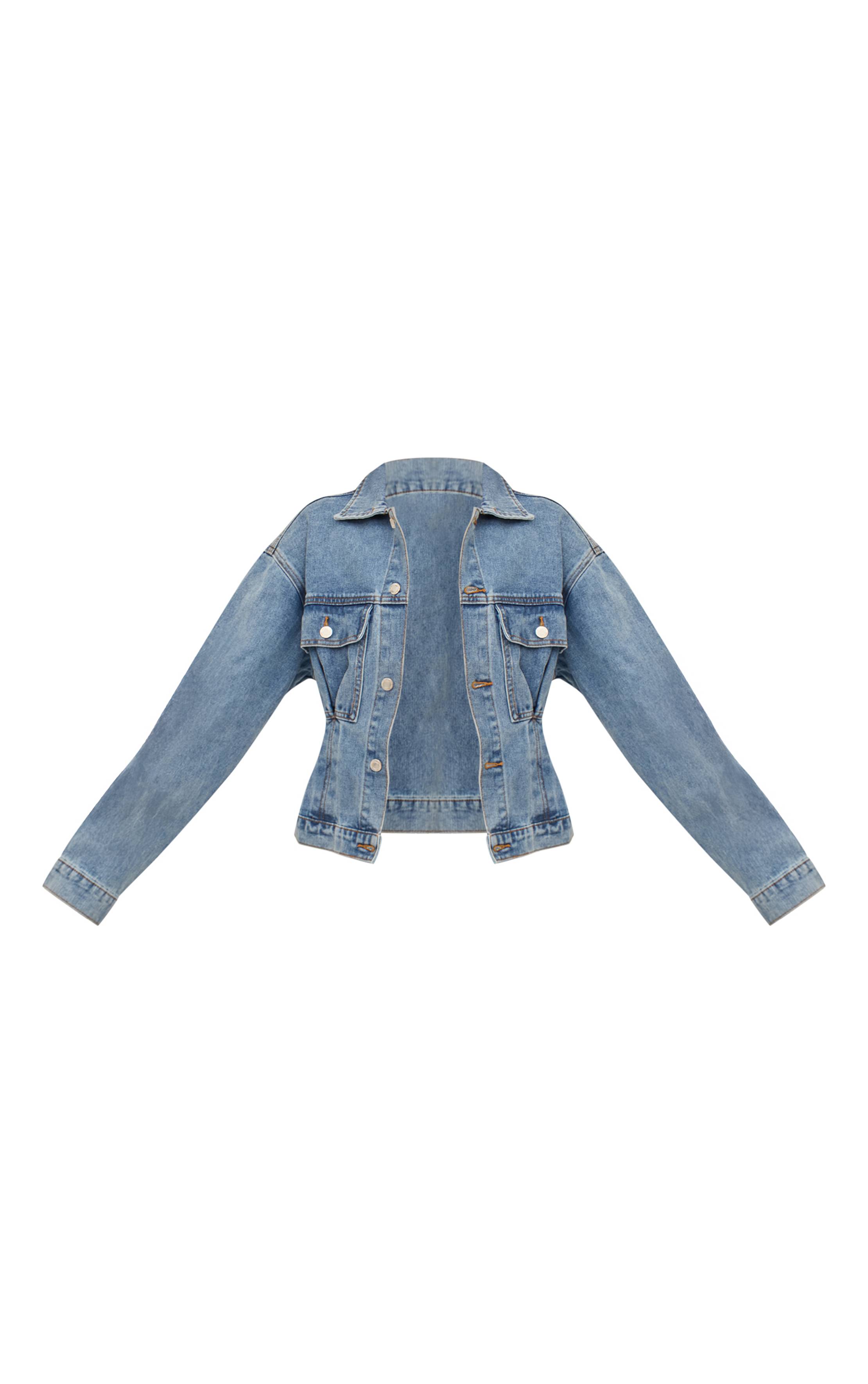 Mid Blue Wash Veste En Jean Plissée Avec Dos Cintré
