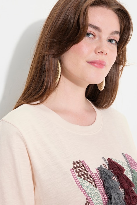 Shirt, Stickerei, Rundhals, 3/4-Arm, Biobaumwolle