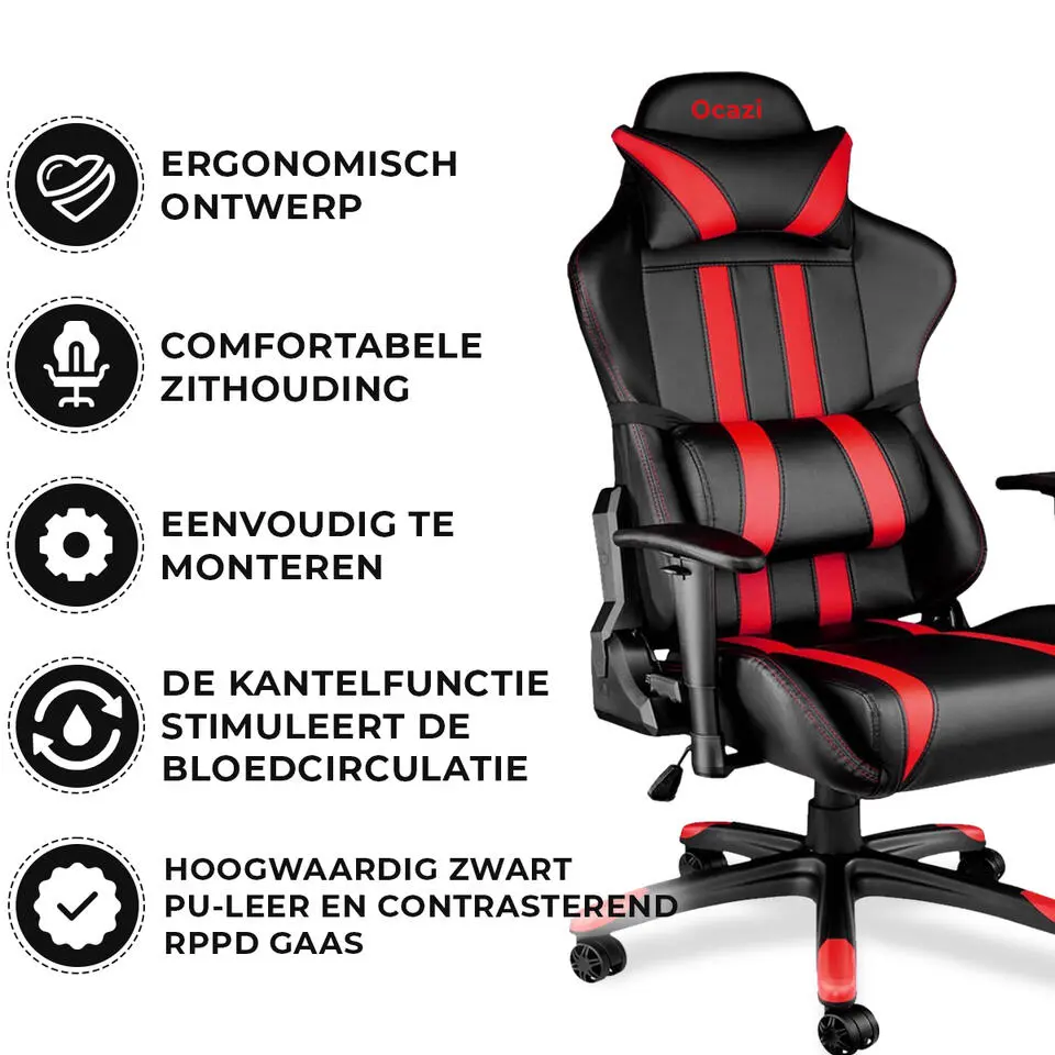 Ocazi Chicago Gaming stoel - Bureaustoel - Zwart/Rood